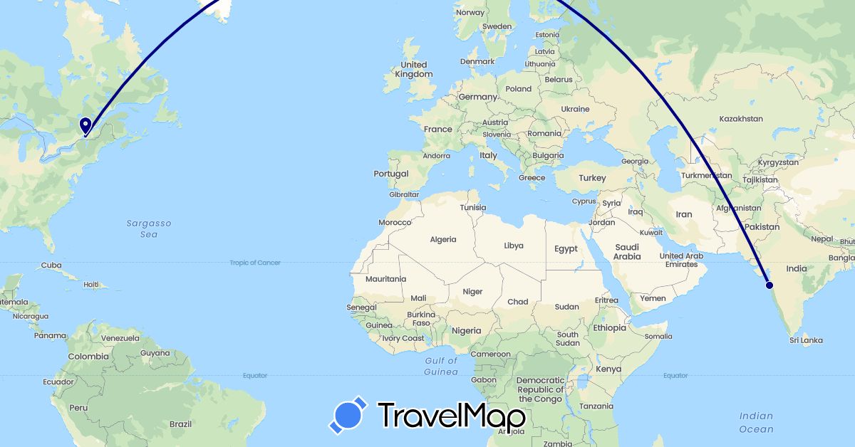 TravelMap itinerary: driving in Canada, India (Asia, North America)